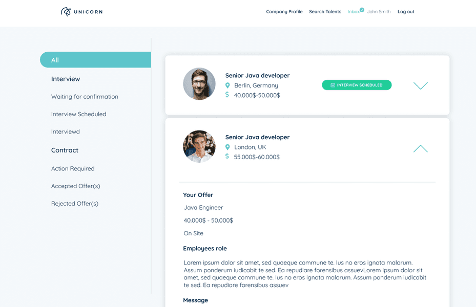 Employers and Candidates can easily request interviews on unicorn.io
